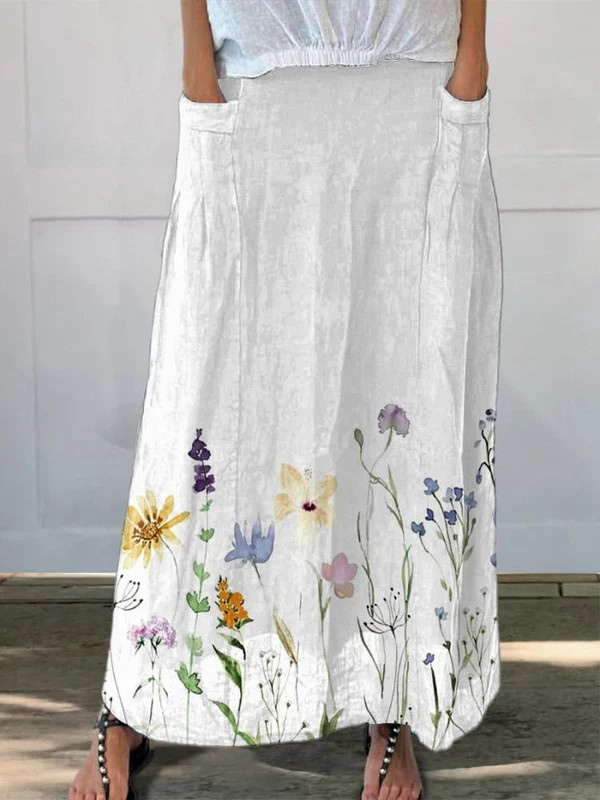 Women's Linen Skirt with Elastic Waistband and Pockets - Watercolor Spring Meadows Print