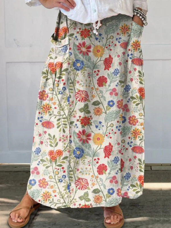 Floral Print Linen Skirt for Women with Elastic Waistband and Pockets