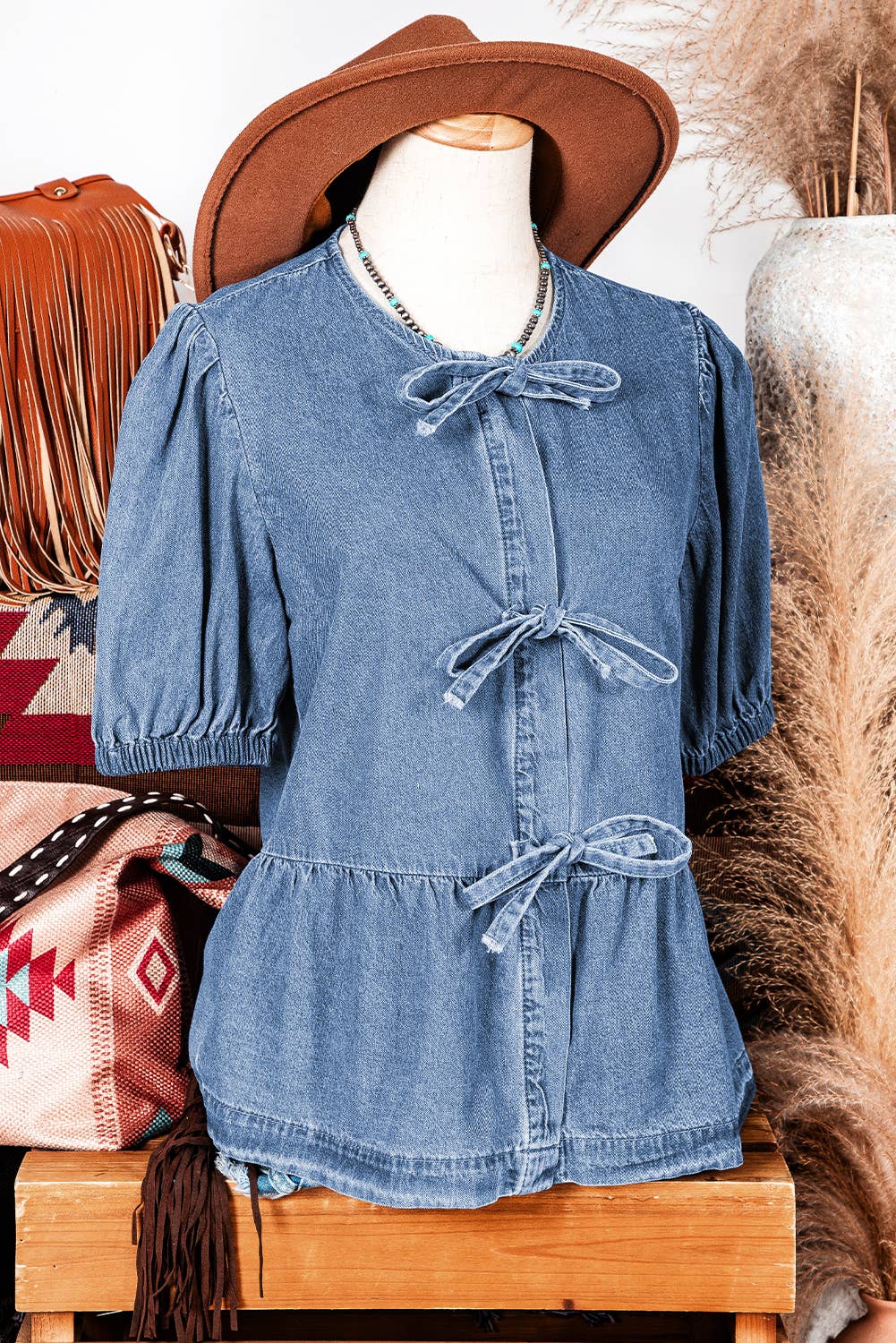 Fashion-W Tied Front Bubble Sleeve Peplum Denim Shirt