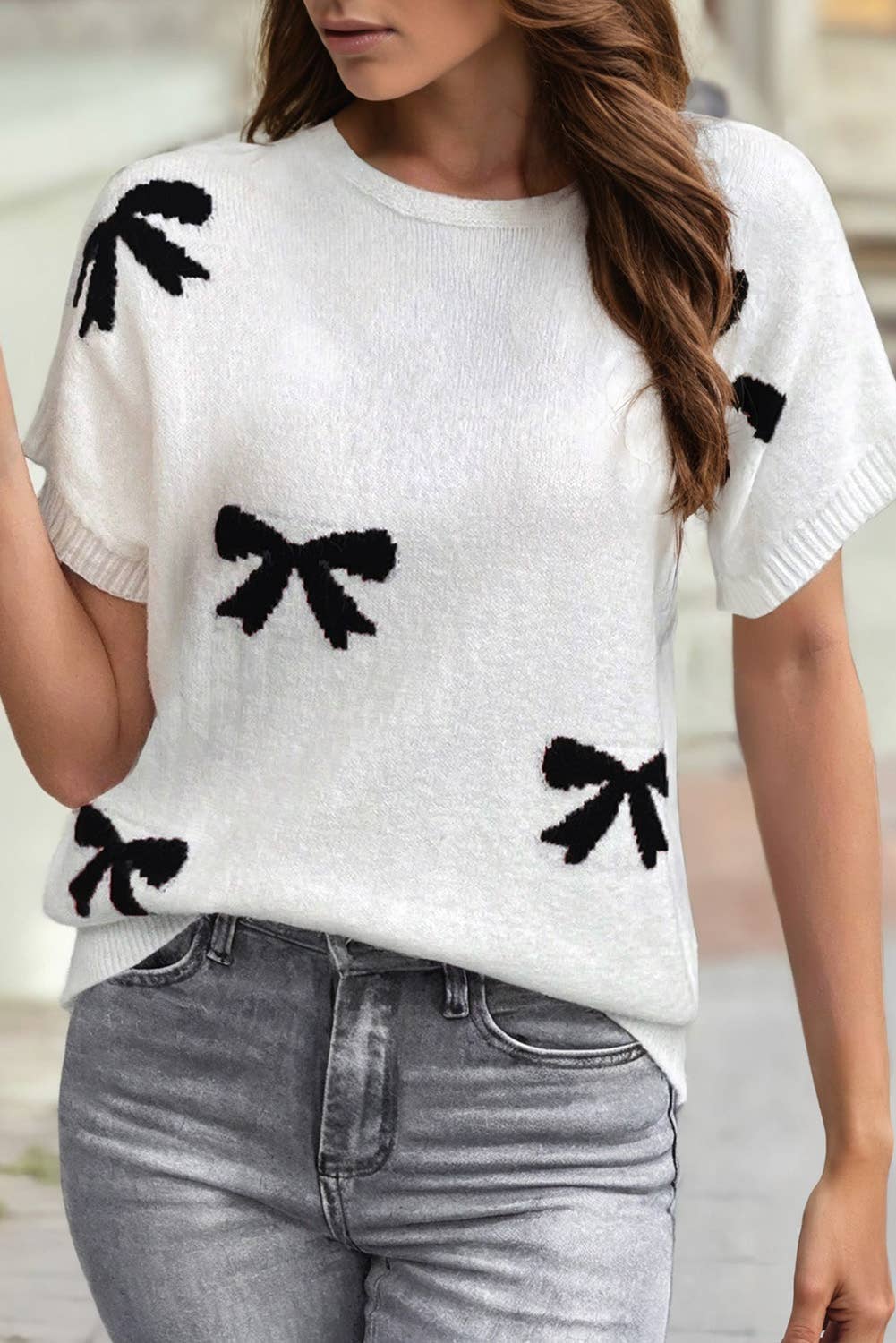 Bow Pattern Knit Short Sleeve Sweater