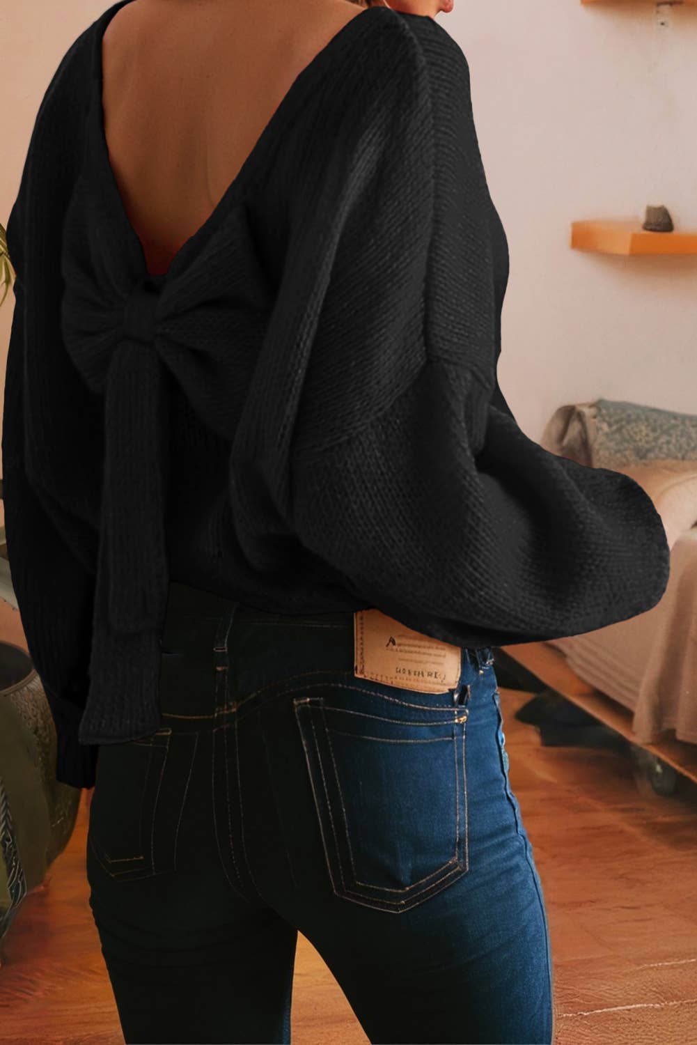 Bow Backless Bubble Sleeve Festive Sweater