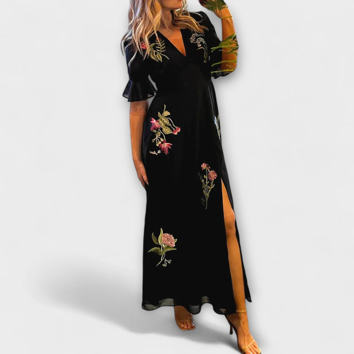 Beatrice - Sophisticated Navy Blue Dress Adorned with Floral Embroidery
