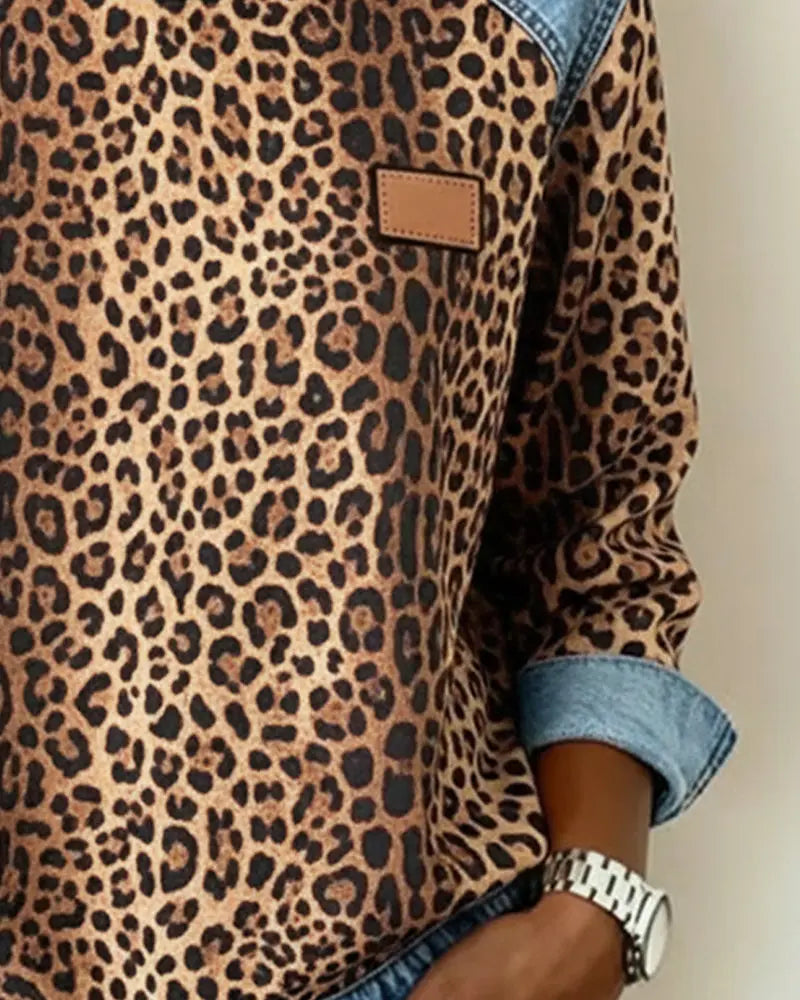 Patchwork Denim Sweater with Leopard Print