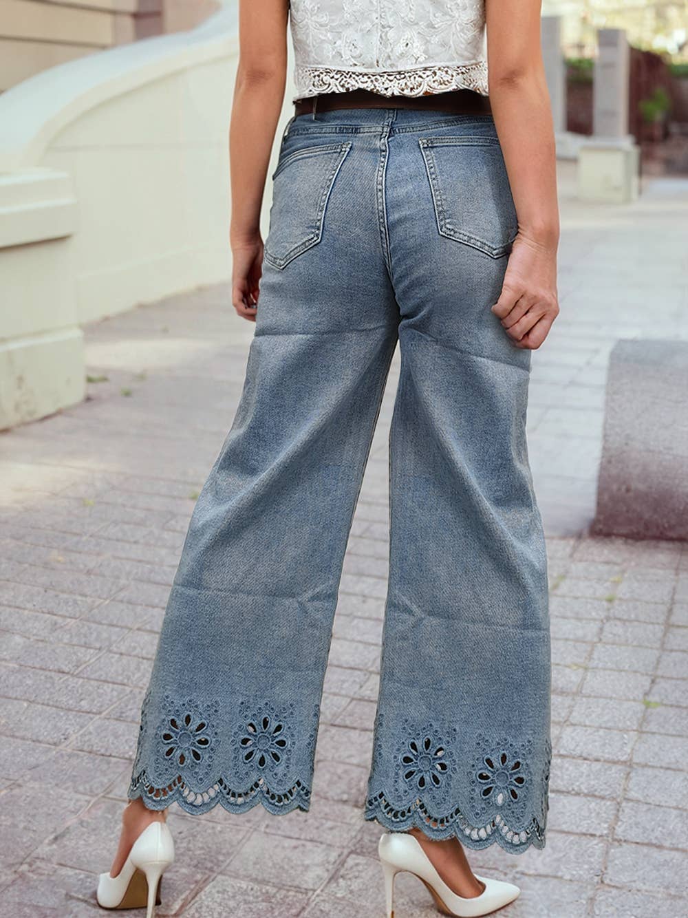 Embroidered Cropped Wide Leg High Waist Jeans
