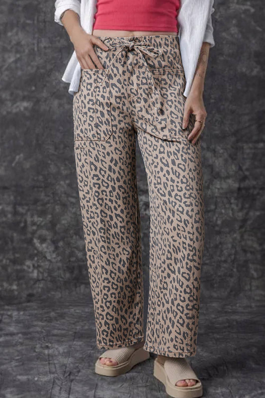 Leopard Printed Drawstring Waist Pocketed Wide Leg Jeans
