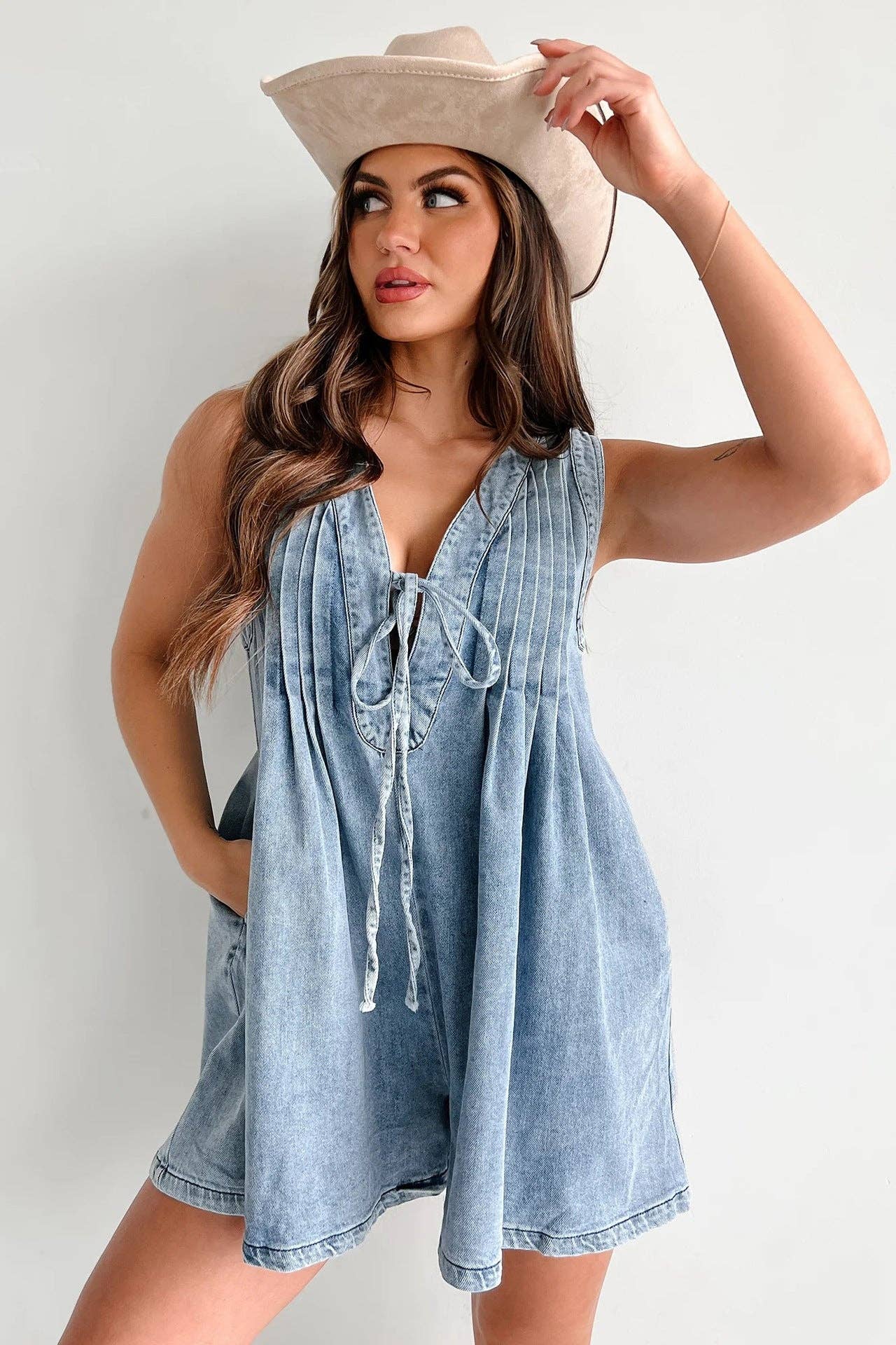 Ladies Tie Front V-Neck Sleeveless Denim Romper