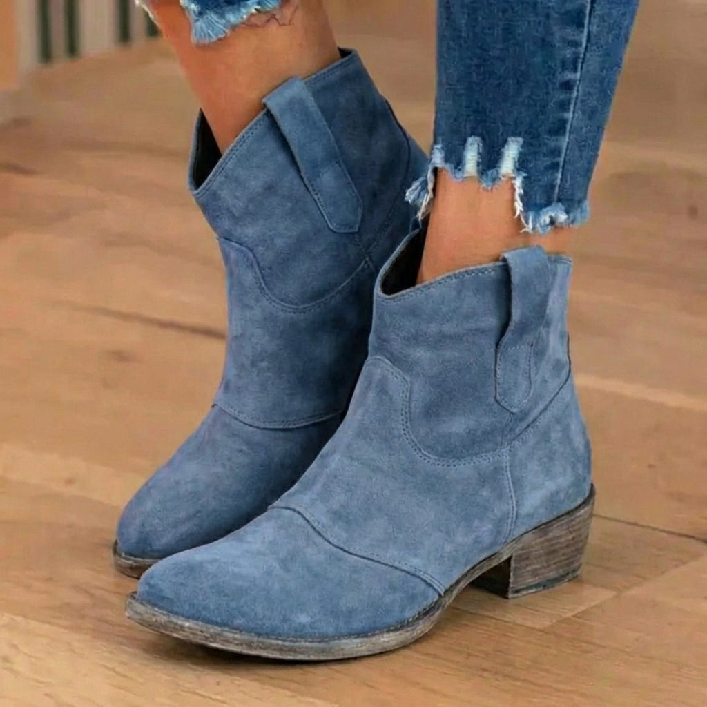 Suede Western Ankle Boots with Orthopedic Support - Low Block Heel, Easy Pull-On Design