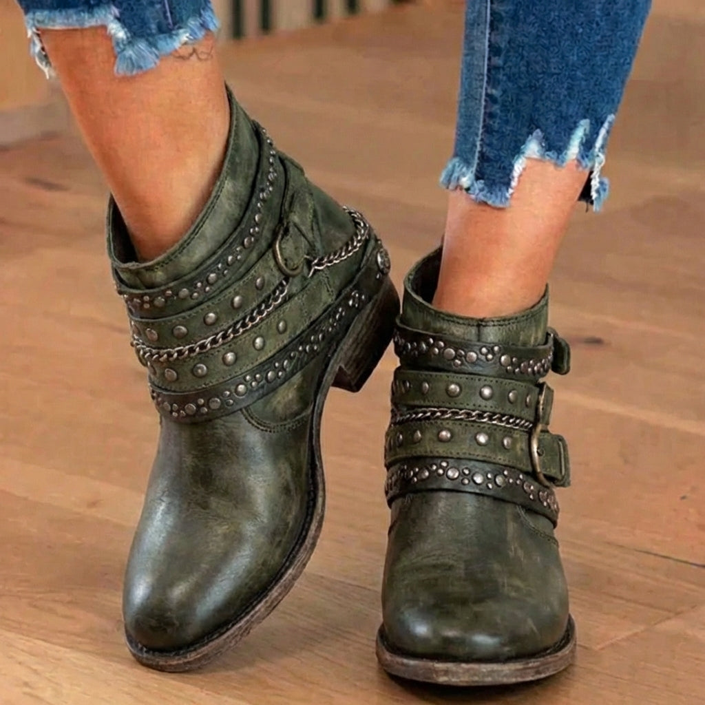 Studded Leather Ankle Boots with Chain and Rivet Accents - Orthopedic Design