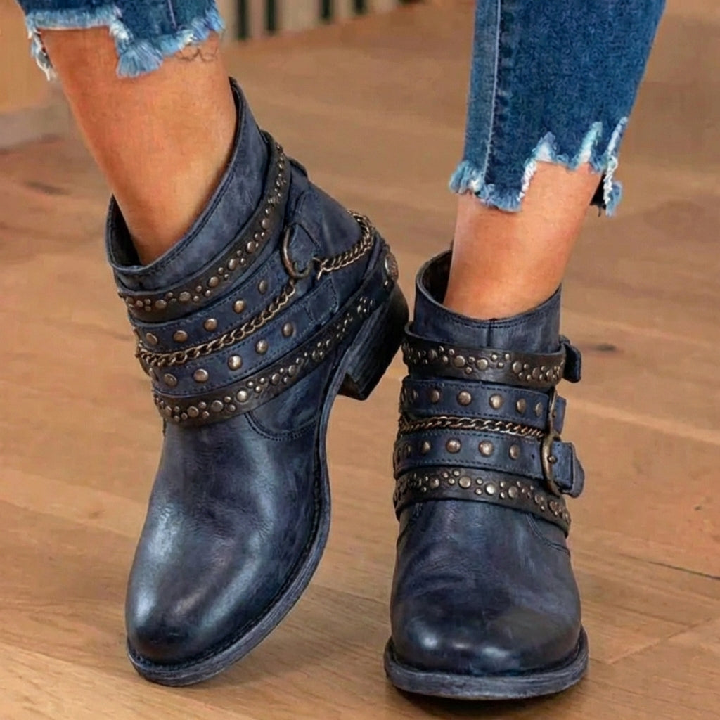Studded Leather Ankle Boots with Chain and Rivet Accents - Orthopedic Design