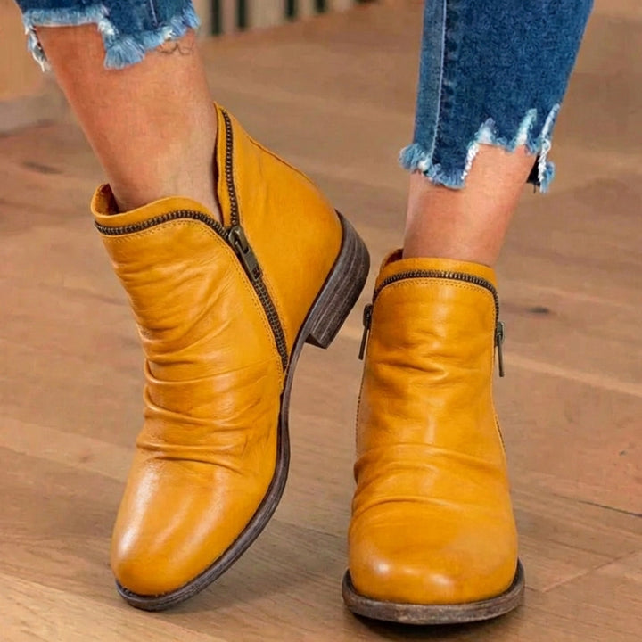 Low Heel Orthopedic Leather Ankle Boots with Side Zip and Ruched Design