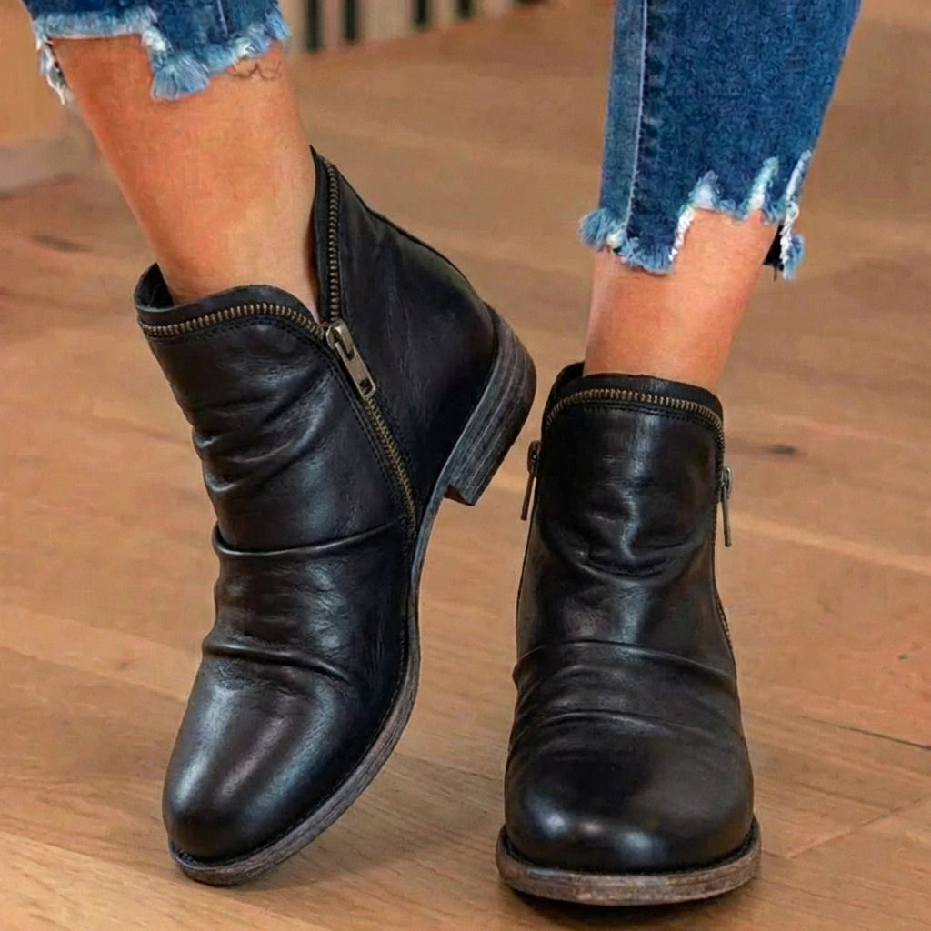 Low Heel Orthopedic Leather Ankle Boots with Side Zip and Ruched Design