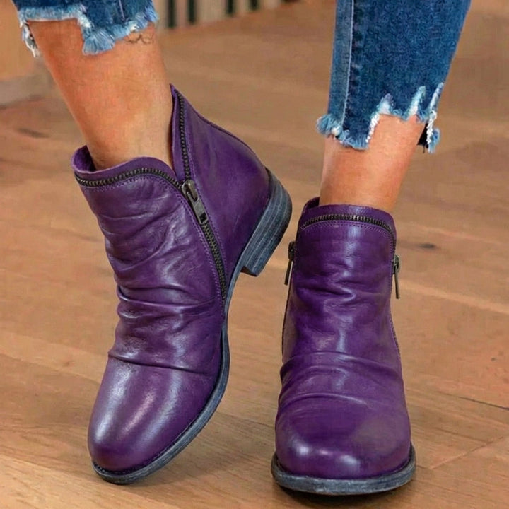 Low Heel Orthopedic Leather Ankle Boots with Side Zip and Ruched Design
