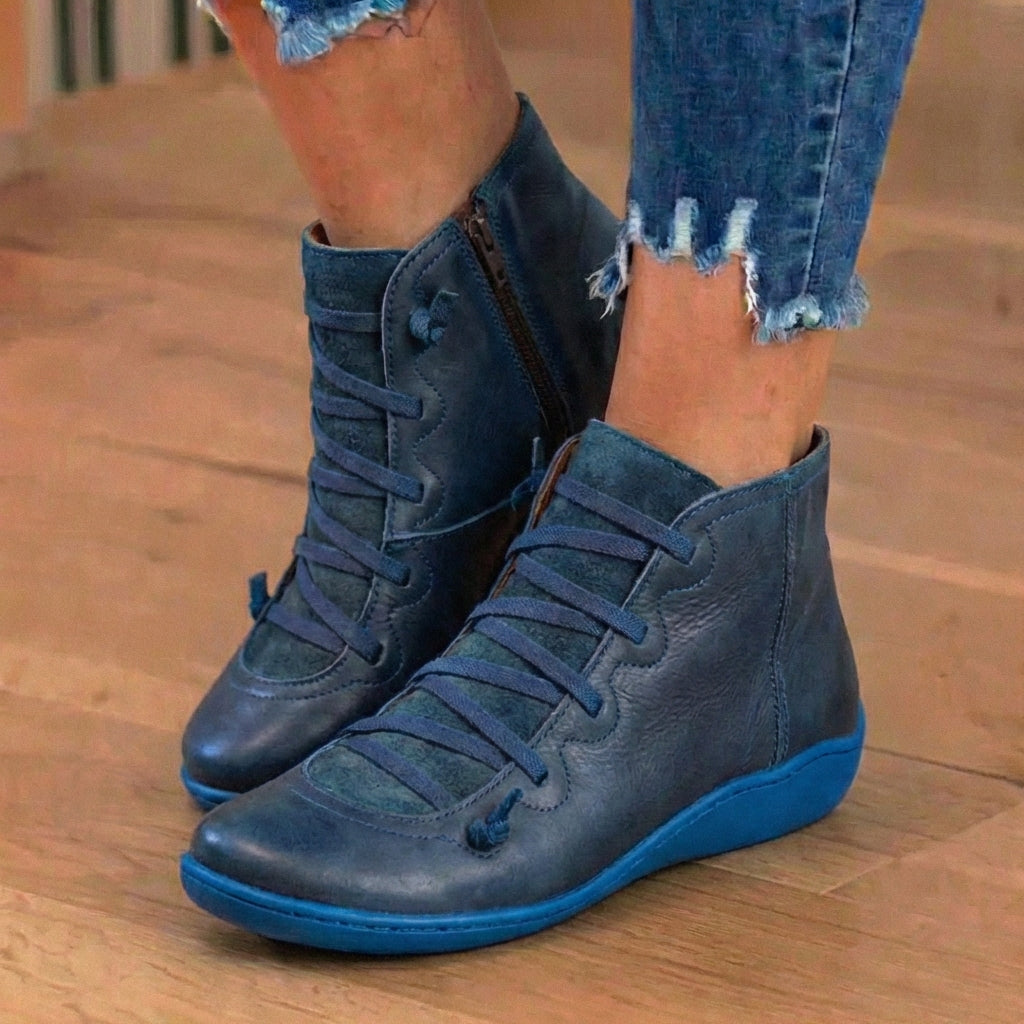 Combat-Style Side Zip Ankle Boots - Orthopedic Leather Lace-Ups