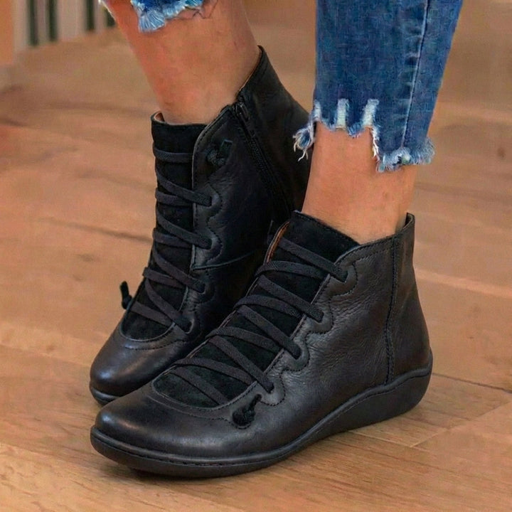 Combat-Style Side Zip Ankle Boots - Orthopedic Leather Lace-Ups