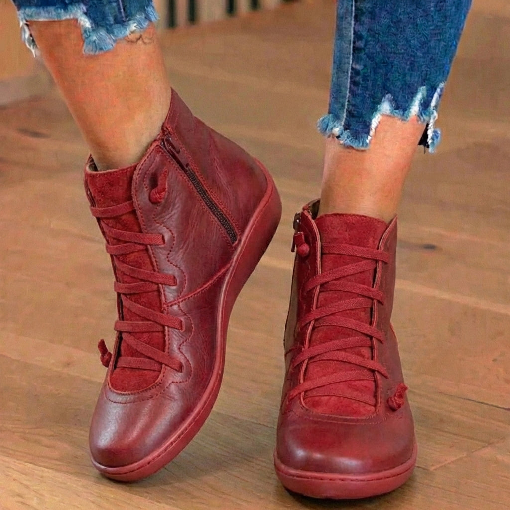 Combat-Style Side Zip Ankle Boots - Orthopedic Leather Lace-Ups