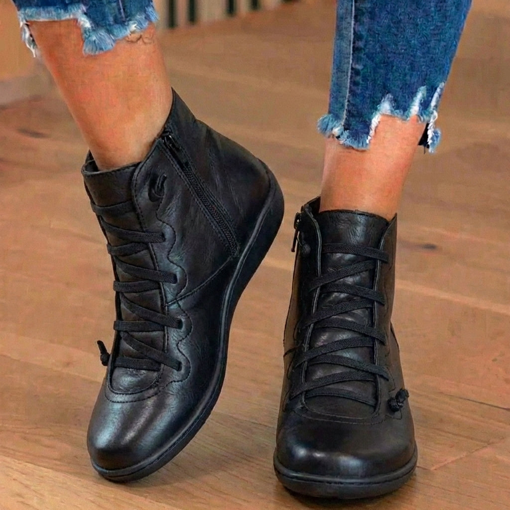 Combat-Style Side Zip Ankle Boots - Orthopedic Leather Lace-Ups