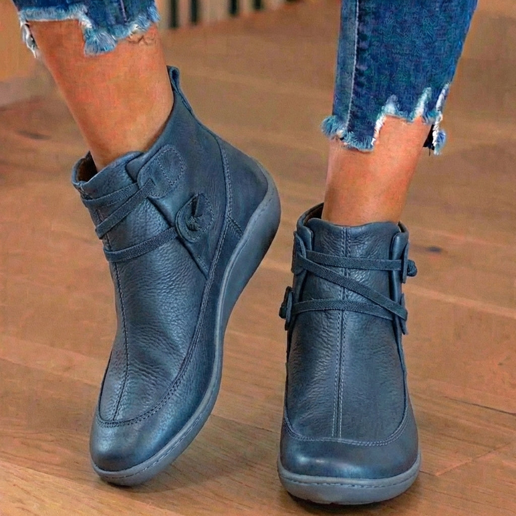 Combat-Style Side Zip Ankle Boots - Orthopedic Leather Lace-Ups