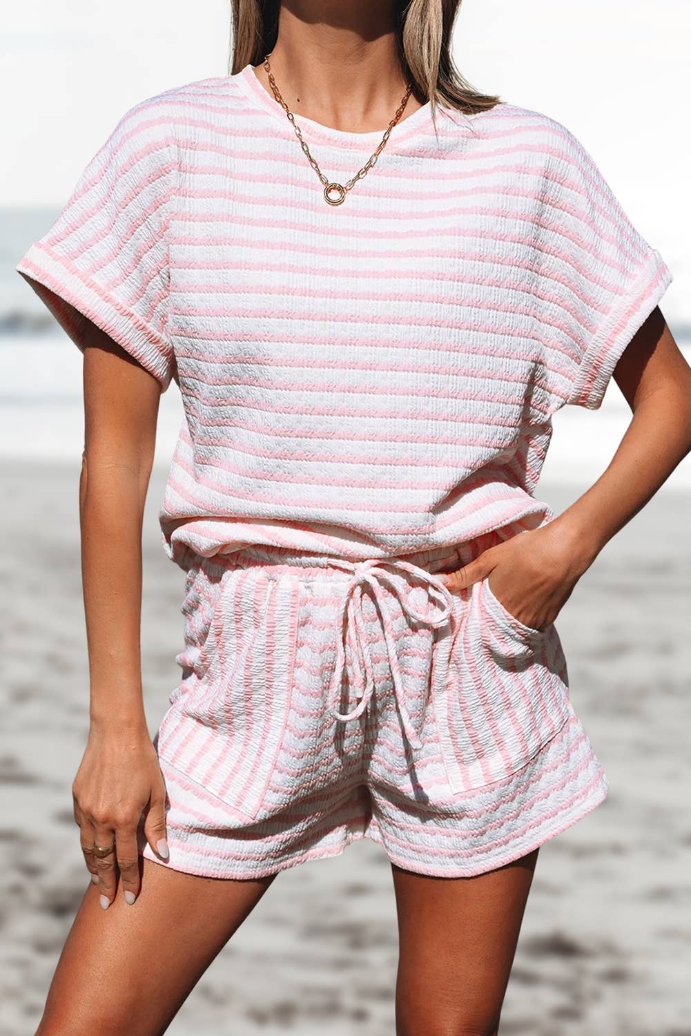 Stripe Knitted Top and Drawstring Shorts Set