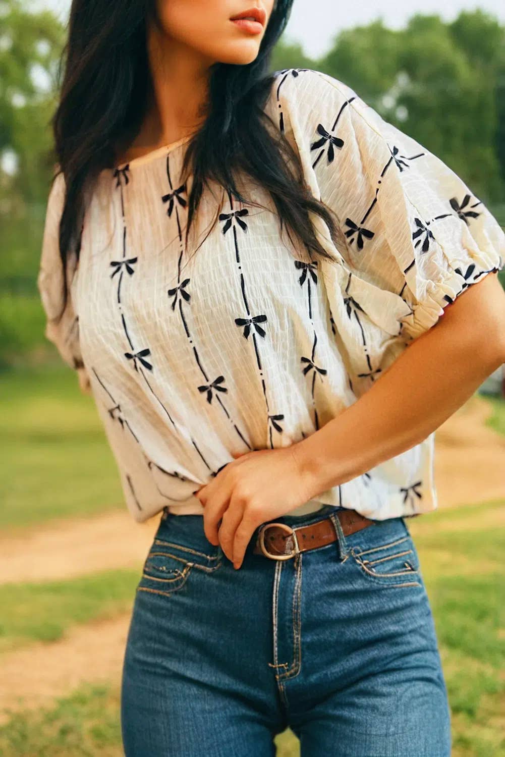 Fashion-W Bow Print Puff Short Sleeve Top