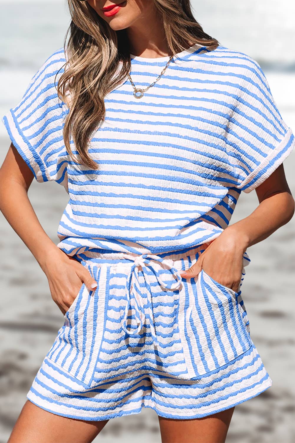 Stripe Knitted Top and Drawstring Shorts Set