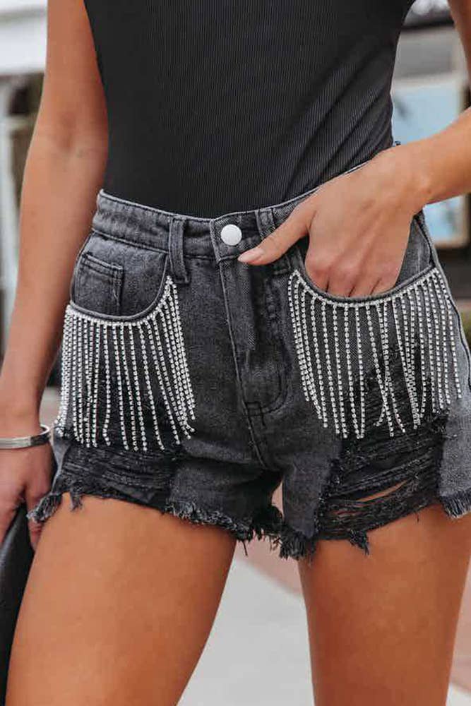 Raw Hem Tassle Ripped Washed Denim Shorts