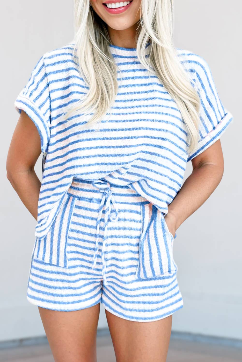 Stripe Knitted Top and Drawstring Shorts Set