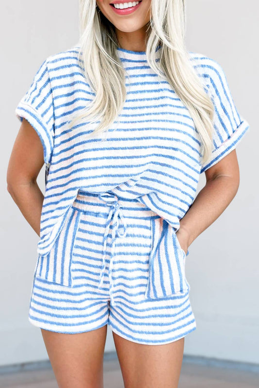 Stripe Knitted Top and Drawstring Shorts Set