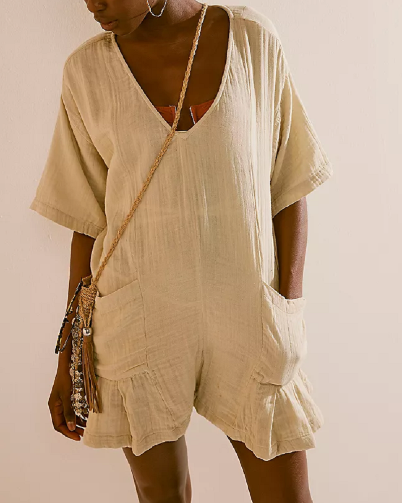 Flouncy Shapeless V-Neck Draped Sleeves Romper