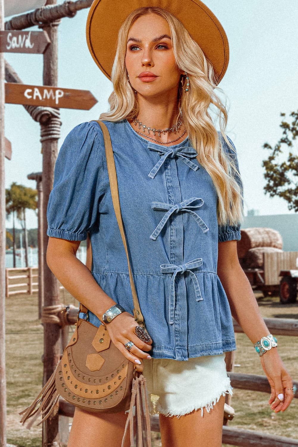 Fashion-W Tied Front Bubble Sleeve Peplum Denim Shirt