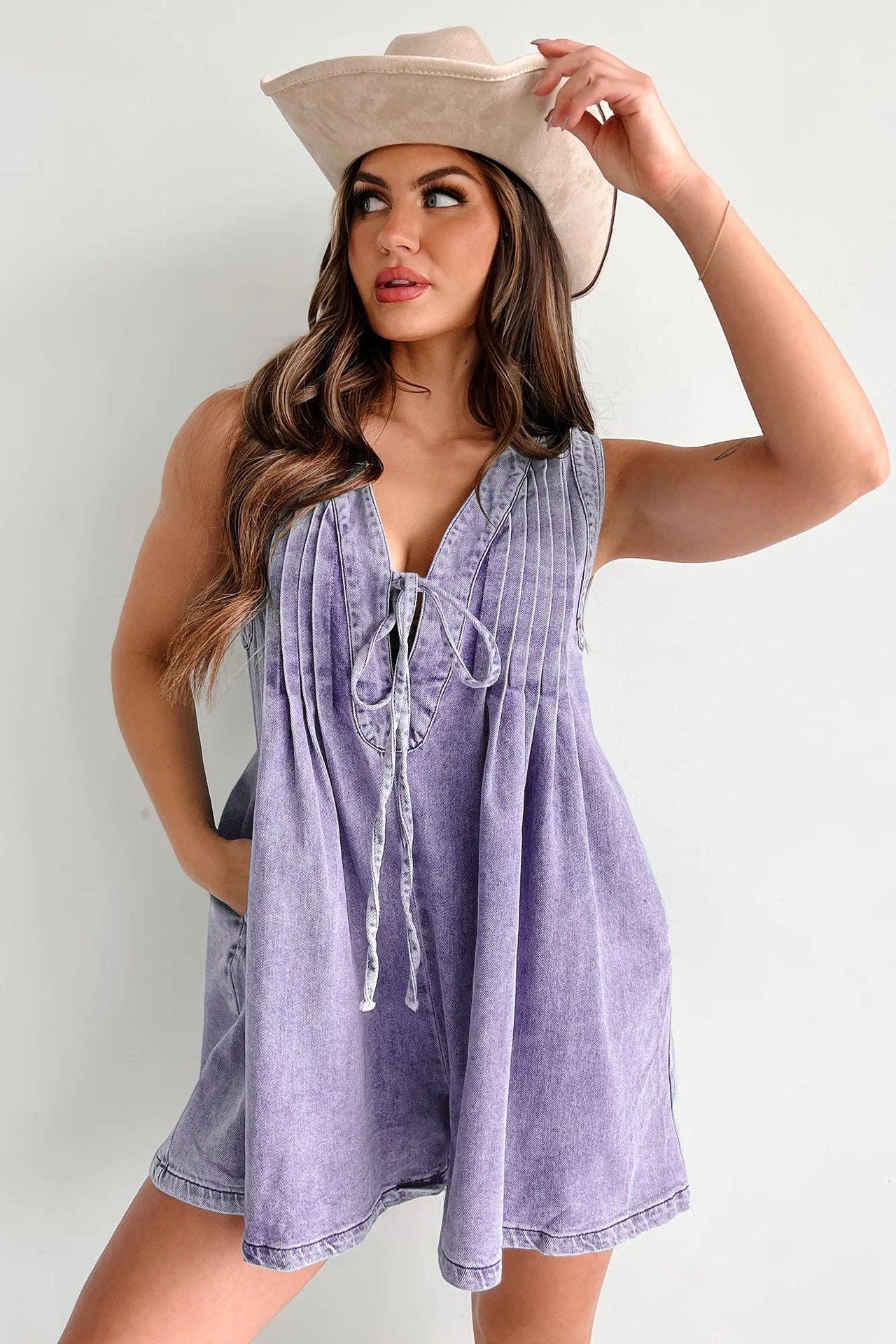 Ladies Tie Front V-Neck Sleeveless Denim Romper