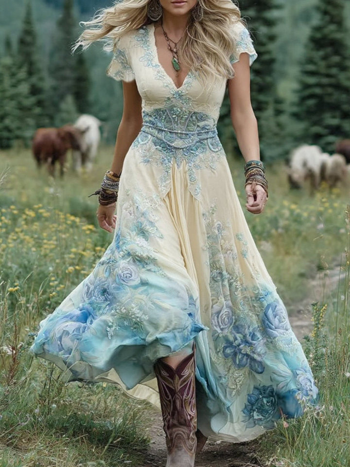 Elegant Floral-Printed Short Maxi Dress in Gradient Purple Lavender