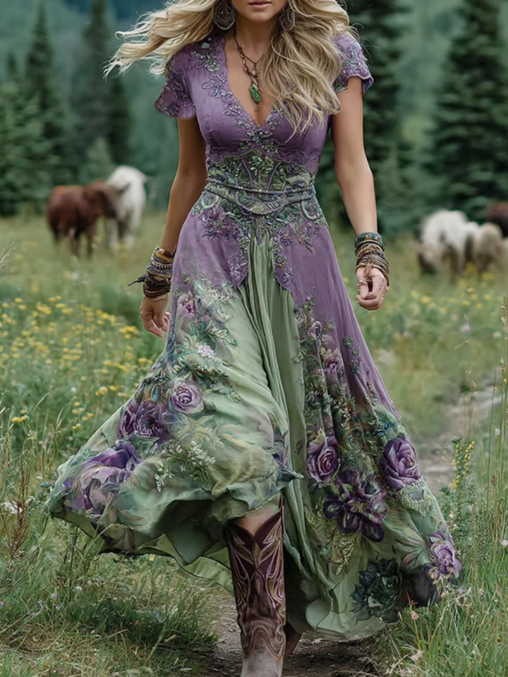 Elegant Floral-Printed Short Maxi Dress in Gradient Purple Lavender