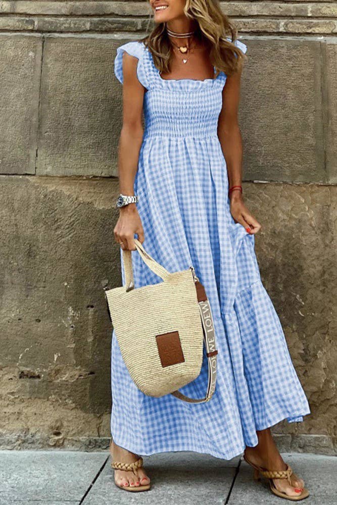 Summer Blue Plaid Square Neck Ruffle Maxi Dress
