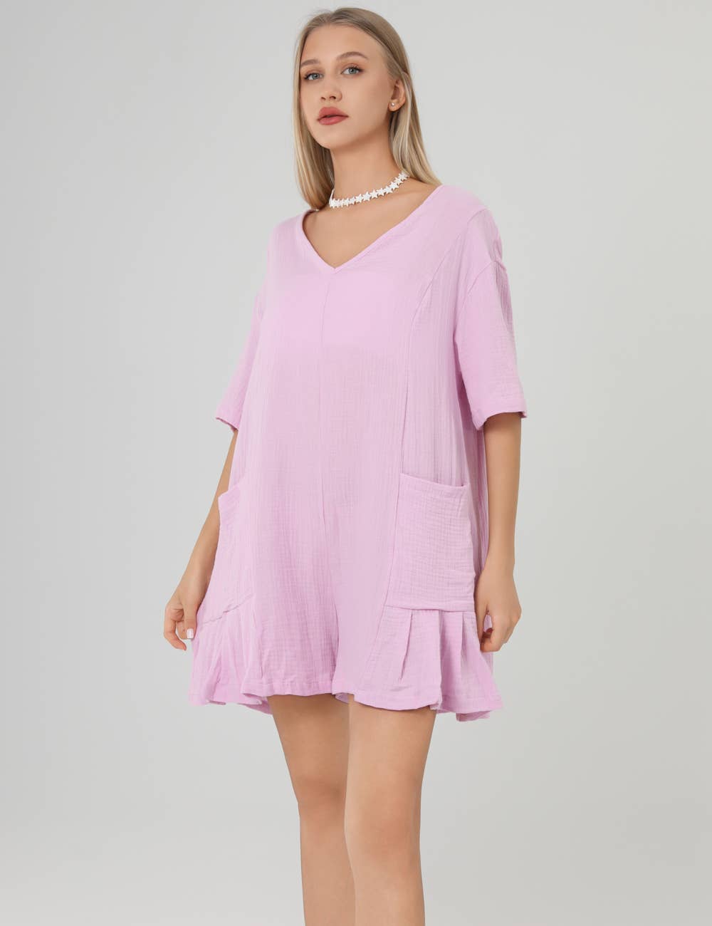 Flouncy Shapeless V-Neck Draped Sleeves Romper
