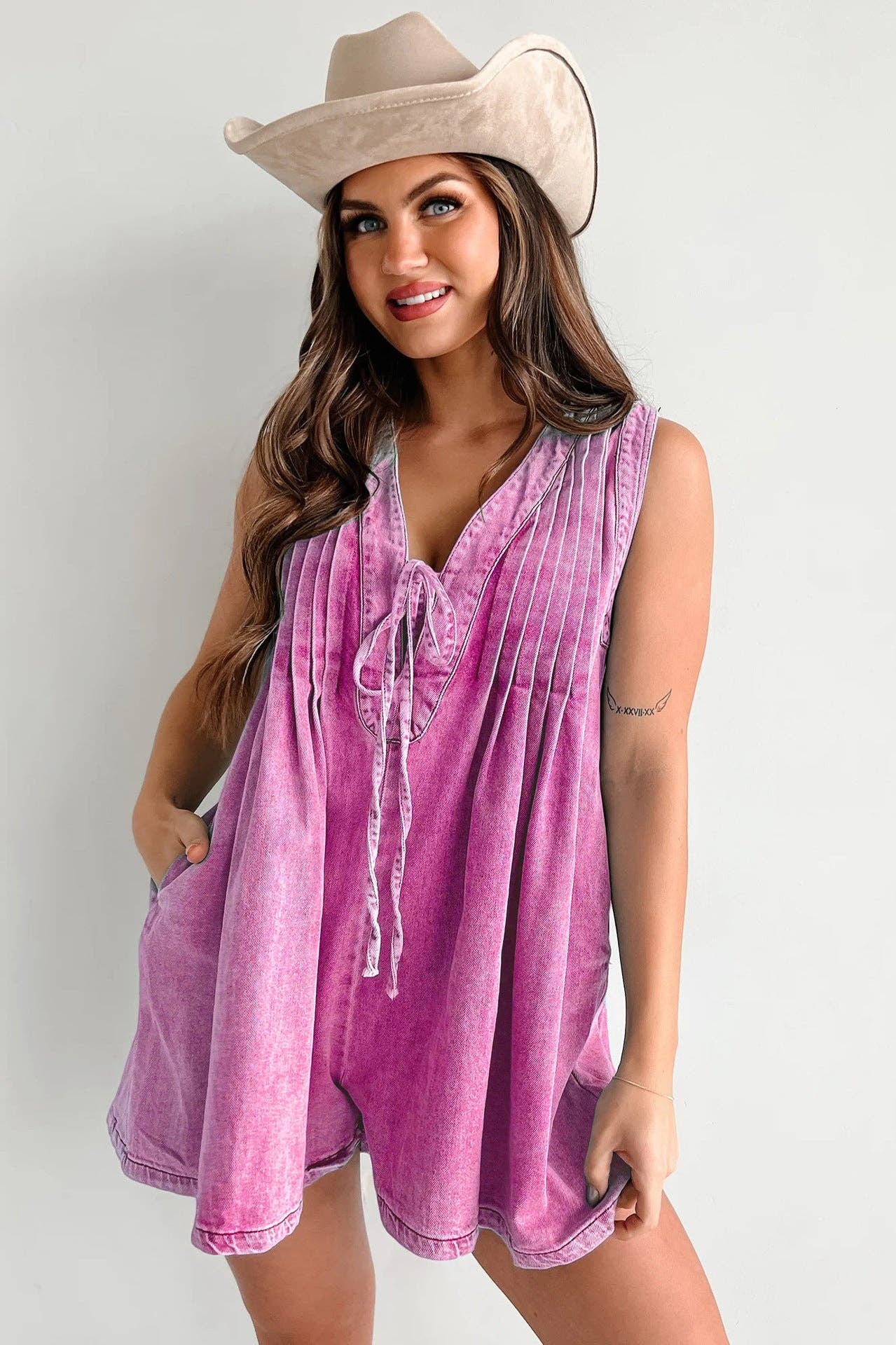 Ladies Tie Front V-Neck Sleeveless Denim Romper