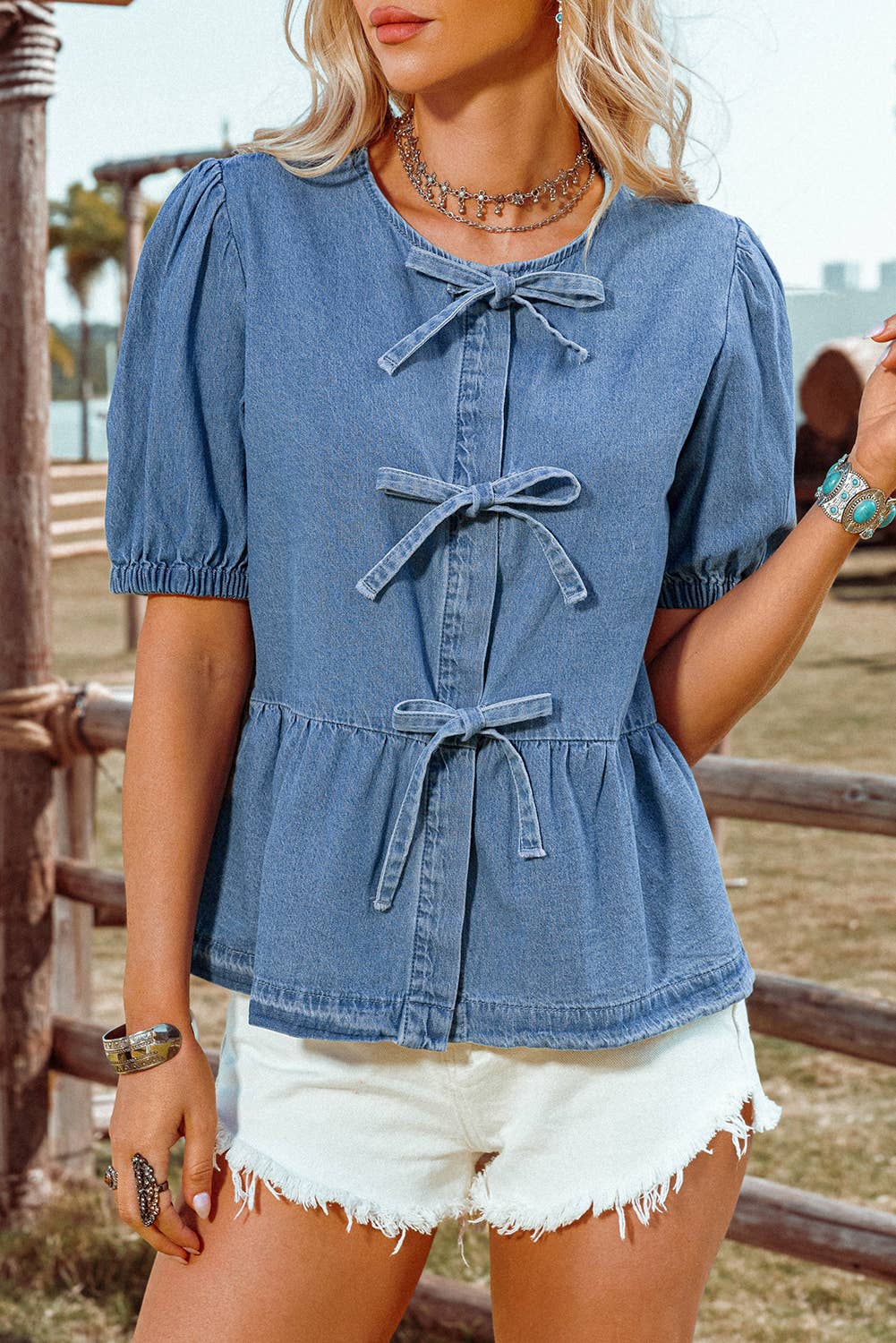 Fashion-W Tied Front Bubble Sleeve Peplum Denim Shirt
