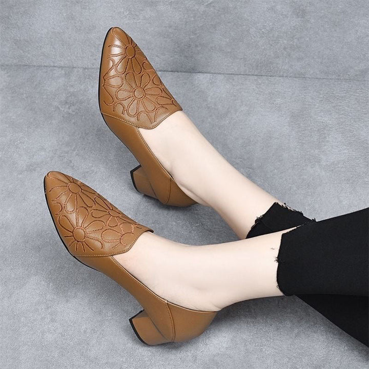 Tonette - Plush Leather Embroidered Heels