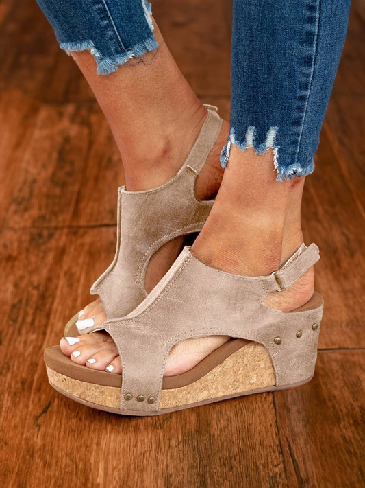Vintage Leather Stitching Studded Wedge Sandals
