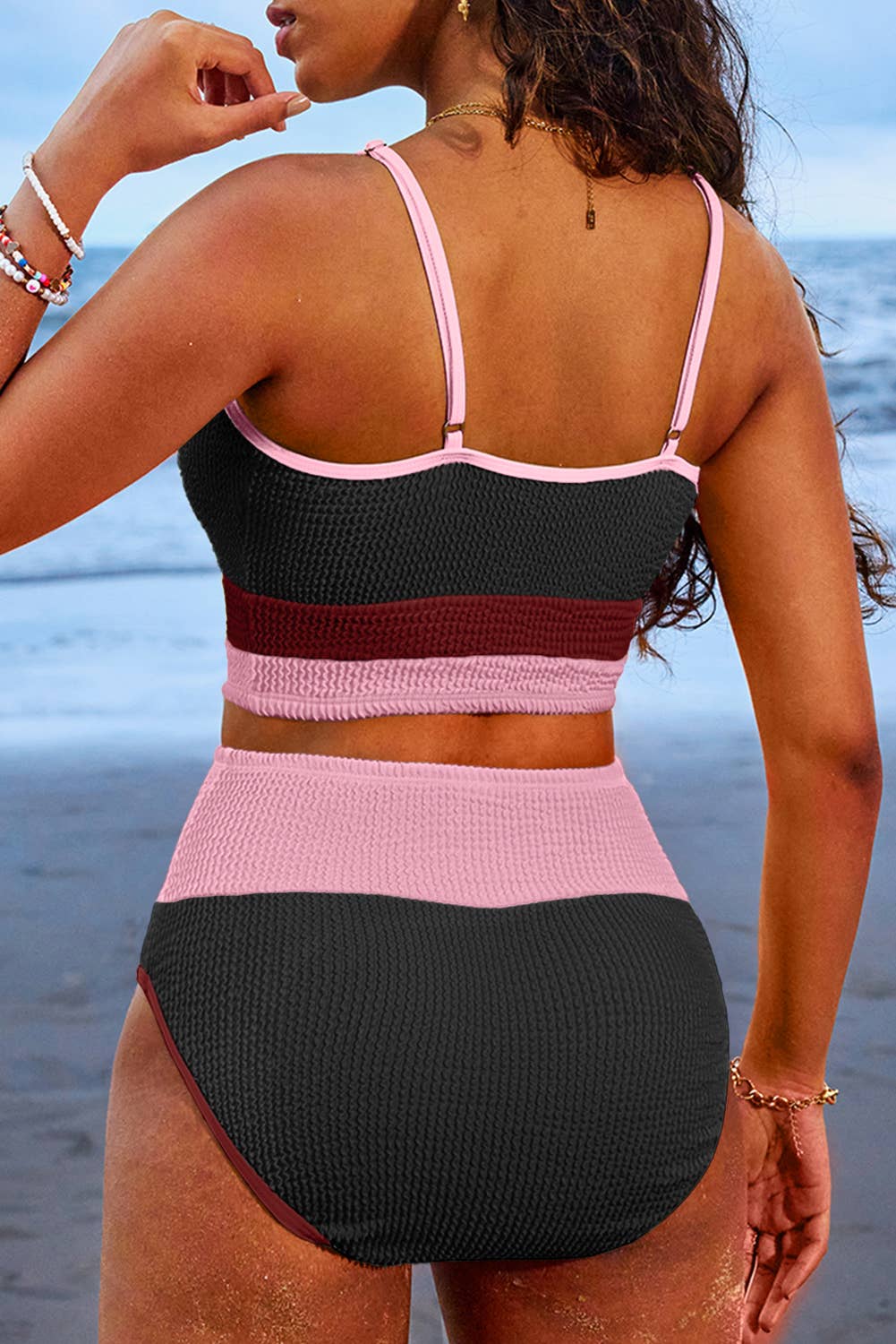 Textured Color Block / Solid High Waist Bikini Set | S-2XL