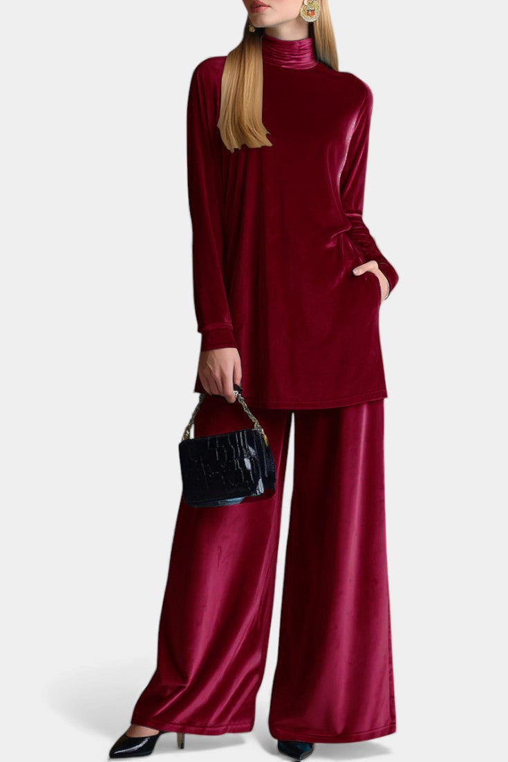 Tifenn Velvet High Neck Top and Split Pants Set