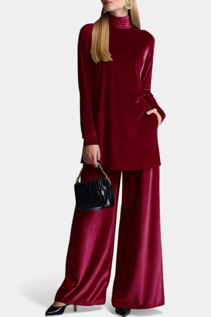 Tifenn Velvet High Neck Top and Split Pants Set