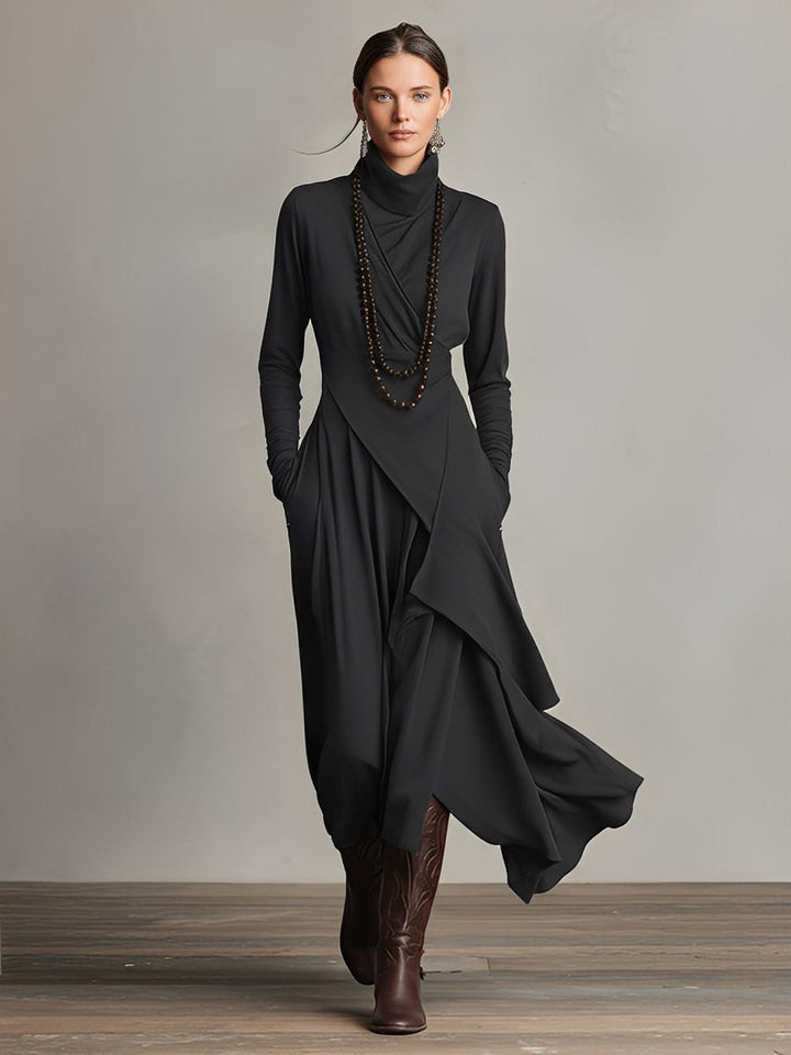 Natalia | Asymmetrical Knit Maxi Dress with Roll Neck