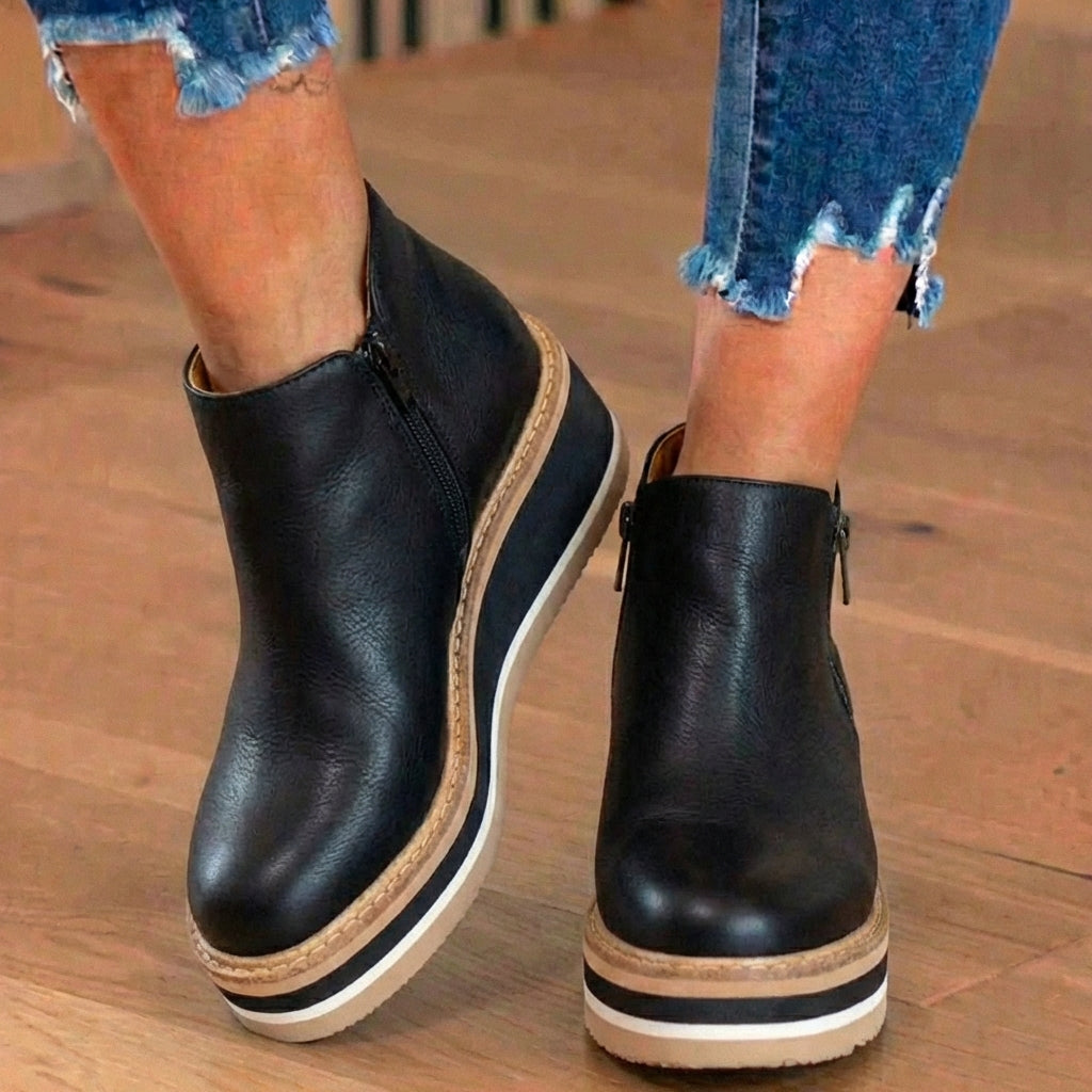 Orthopedic Leather Wedge Ankle Boots with Side Zip